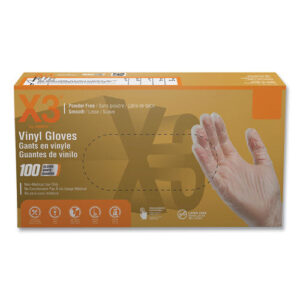 Industrial Vinyl Gloves, Powder-Free, X-Large, 3 mil Thick, 9.5" Long, Clear, 100/Box, 10 Boxes/Carton